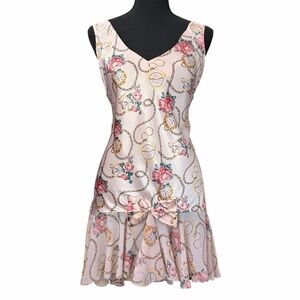 Cacique Lingerie Satin Slip Dress Pink Rose Pocket Watch Print Bow Drop Waist L